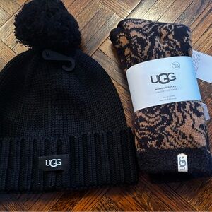 UGG Black Knit Beanie with Pom-Pom and fleece socks